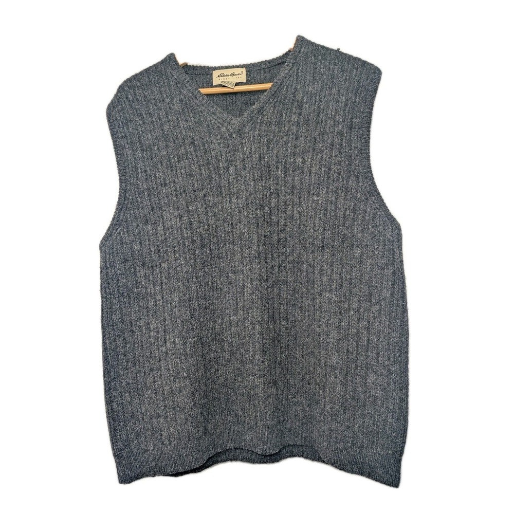 Eddie Bauer Mens M Gray 100% Wool Rib Knit V-Neck Sweater Vest